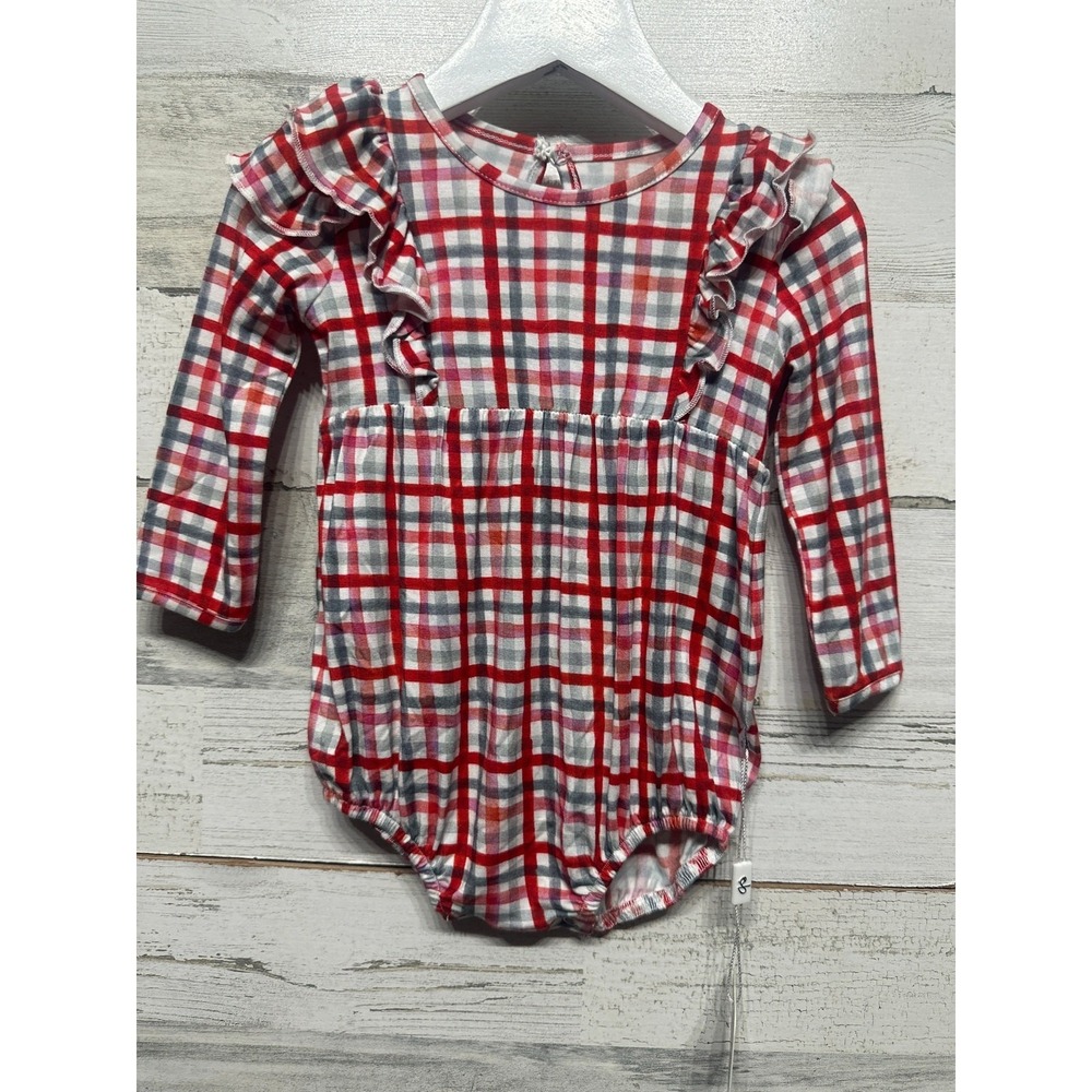 Birdie Bean Romper Girls 6-12M Red Plaid Ruffle Bamboo Viscose NWT
